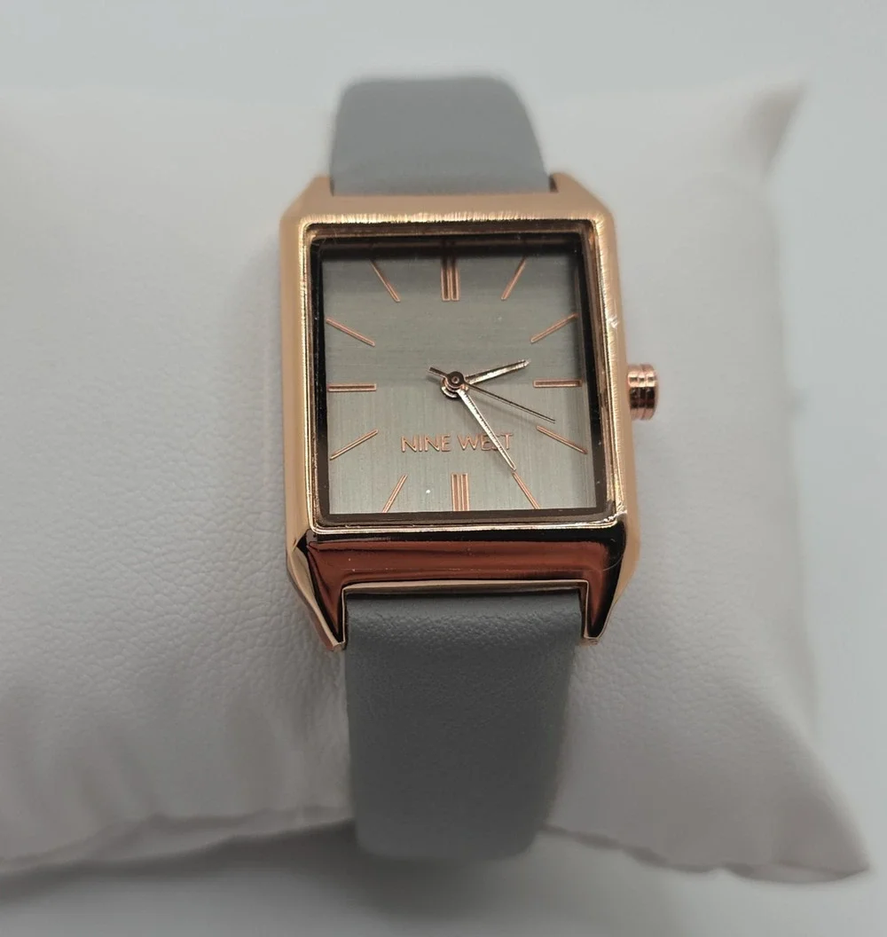 Nine West Women’s Analog Quartz Rectangle Watch Gray Leather Strap w/ Box